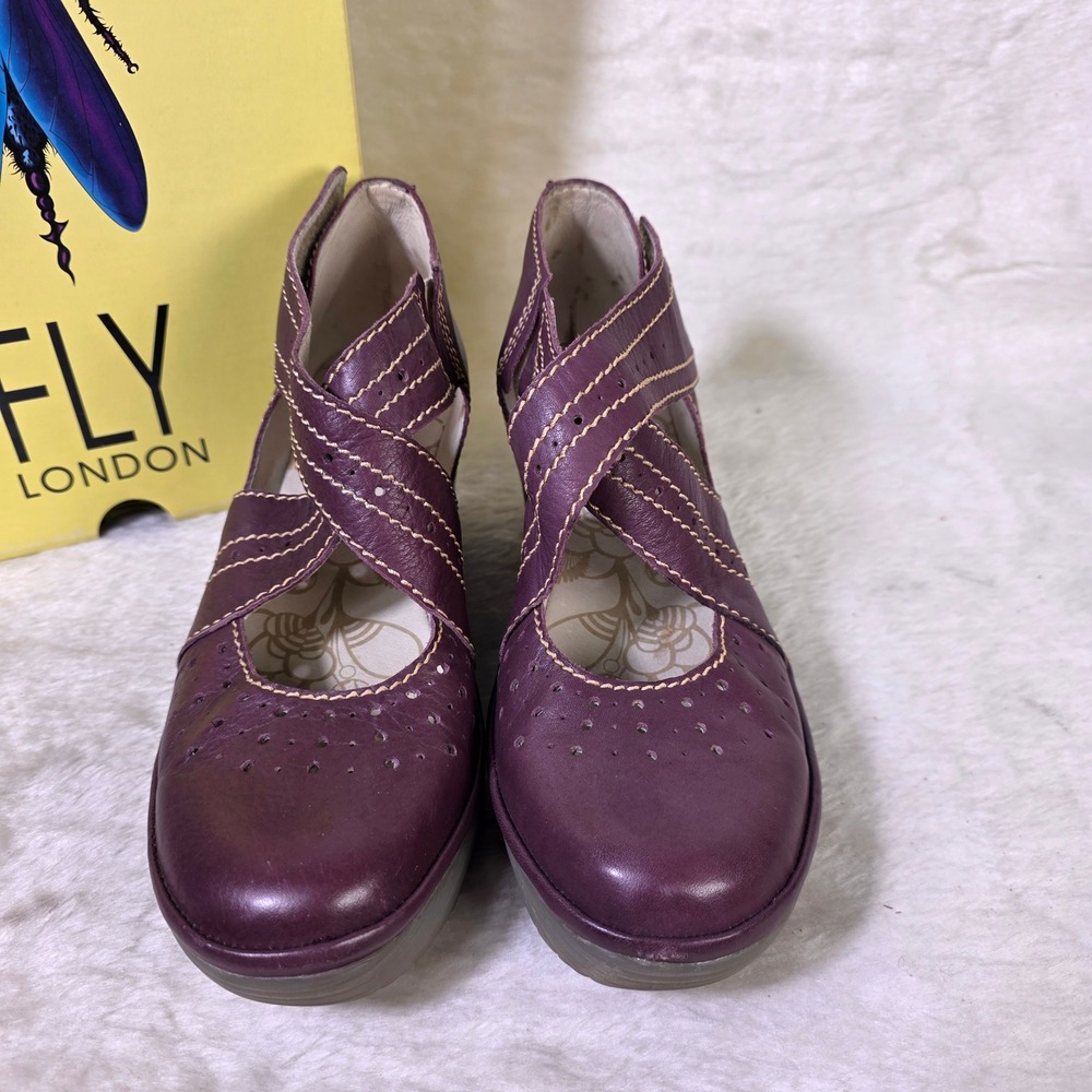 Fly London Yepe Lilla Purple Leather Wedge Sandals Loafers Womens 39 8 - Picture 3 of 8